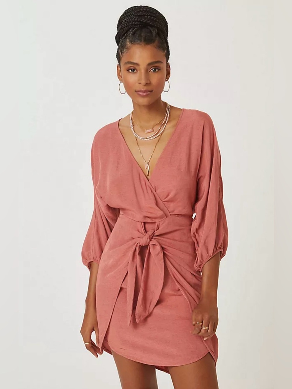 Anthropologie Womens 2 Terracotta Linen Blend Wrap Mini Dress Tie Waist
